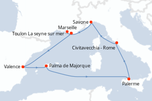 carte itinéraire croisière Sicile 7 jours au départ du port de Toulon La seyne sur mer