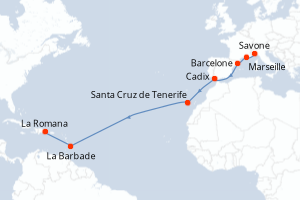 carte itinéraire croisière Transatlantique 15 jours au départ du port de Savone