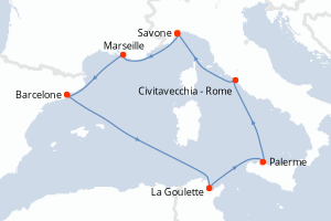 carte itinéraire croisière Sicile 7 jours au départ du port de Savone