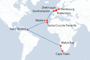 carte itinéraire croisière Afrique du Sud 25 jours au départ du port de Hambourg