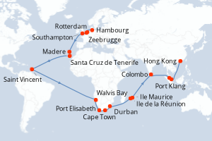 carte itinéraire croisière Asie 52 jours au départ du port de Hambourg