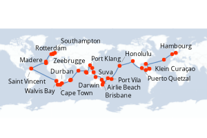 carte itinéraire croisière Europe du Nord 117 jours au départ du port de Hambourg
