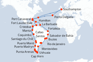 Carte de l'itinéraire de croisière Southampton-Southampton d'une durée de 82 jours