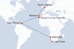 carte itinéraire croisière Afrique du Sud 20 jours au départ du port de Southampton