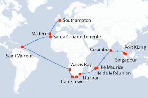 carte itinéraire croisière Asie 42 jours au départ du port de Southampton