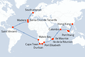 carte itinéraire croisière Asie 47 jours au départ du port de Southampton