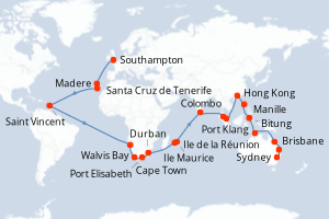 carte itinéraire croisière Australie Nouvelle Zélande 65 jours au départ du port de Southampton