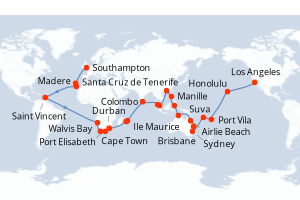 carte itinéraire croisière Transatlantique 85 jours au départ du port de Southampton