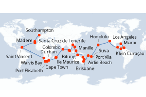 carte itinéraire croisière Transatlantique 99 jours au départ du port de Southampton
