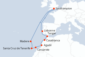 carte itinéraire croisière Europe du Nord 16 jours au départ du port de Southampton