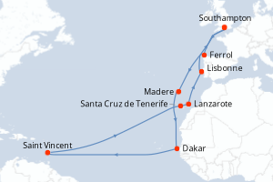 Carte de l'itinéraire de croisière Southampton-Southampton d'une durée de 21 jours