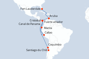 Carte de l'itinéraire de croisière Santiago du Chili-Fort Lauderdale d'une durée de 19 jours