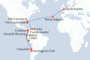 carte itinéraire croisière Transatlantique 33 jours au départ du port de Santiago du Chili