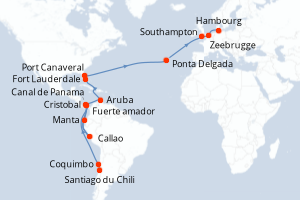 carte itinéraire croisière Transatlantique 36 jours au départ du port de Santiago du Chili