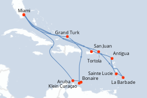 carte itinéraire croisière Caraïbes Bahamas 21 jours au départ du port de Miami