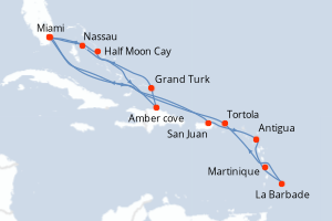 carte itinéraire croisière Caraïbes Bahamas 19 jours au départ du port de Miami