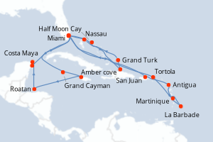 carte itinéraire croisière Caraïbes Bahamas 28 jours au départ du port de Miami