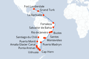 Carte de l'itinéraire de croisière Fort Lauderdale-Santiago du Chili d'une durée de 37 jours