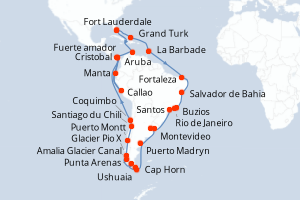 Carte de l'itinéraire de croisière Fort Lauderdale-Fort Lauderdale d'une durée de 56 jours