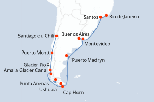 Carte de l'itinéraire de croisière Rio de Janeiro-Santiago du Chili d'une durée de 20 jours