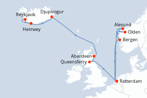 carte itinéraire croisière Fjörds norvégiens 14 jours au départ du port de Reykjavik