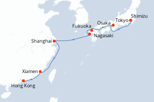 Carte de l'itinéraire de croisière Tokyo-Hong Kong d'une durée de 13 jours