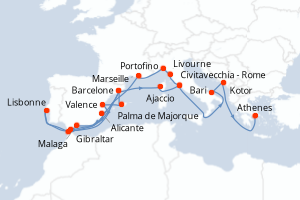 carte itinéraire croisière Méditerranée 27 jours au départ du port de Civitavecchia - Rome