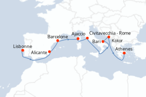 carte itinéraire croisière Méditerranée 13 jours au départ du port de Lisbonne