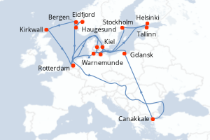 carte itinéraire croisière Fjörds norvégiens 21 jours au départ du port de Rotterdam