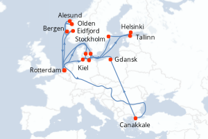 carte itinéraire croisière Fjörds norvégiens 21 jours au départ du port de Rotterdam