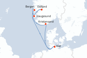 Carte de l'itinéraire de croisière Kiel-Kiel d'une durée de 7 jours