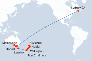 Carte de l'itinéraire de croisière Auckland-Sydney CA d'une durée de 18 jours