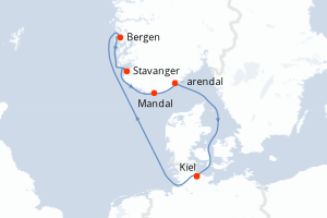 carte itinéraire croisière Fjörds norvégiens 7 jours au départ du port de Kiel