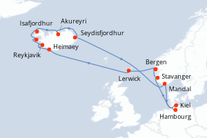 carte itinéraire croisière Fjörds norvégiens 18 jours au départ du port de Kiel