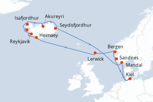 Carte de l'itinéraire de croisière Kiel-Kiel d'une durée de 18 jours