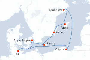 Carte de l'itinéraire de croisière Kiel-Kiel d'une durée de 10 jours