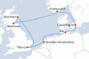 Carte de l'itinéraire de croisière Kiel-Kiel d'une durée de 12 jours