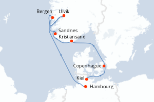 Carte de l'itinéraire de croisière Kiel-Hambourg d'une durée de 7 jours