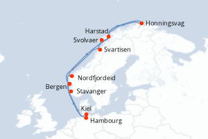 Carte de l'itinéraire de croisière Hambourg-Kiel d'une durée de 14 jours