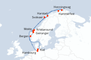 Carte de l'itinéraire de croisière Hambourg-Kiel d'une durée de 14 jours