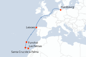 Carte de l'itinéraire de croisière Hambourg-Las Palmas d'une durée de 10 jours
