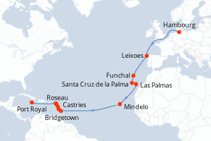 Carte de l'itinéraire de croisière Hambourg-Port Royal d'une durée de 26 jours
