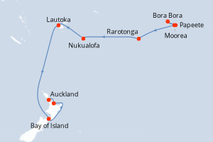 Carte de l'itinéraire de croisière Papeete-Auckland d'une durée de 16 jours
