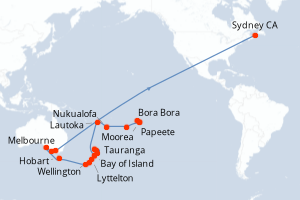 Carte de l'itinéraire de croisière Papeete-Sydney CA d'une durée de 34 jours