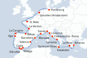 carte itinéraire croisière Europe du Nord 27 jours au départ du port de Le Piree - Athenes