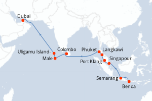 carte itinéraire croisière Moyen-Orient Dubaï 21 jours au départ du port de Benoa