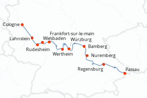 Carte de l'itinéraire de croisière Cologne-Passau d'une durée de 9 jours