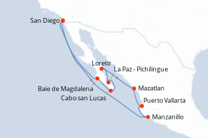 Carte de l'itinéraire de croisière San Diego-San Diego d'une durée de 11 jours
