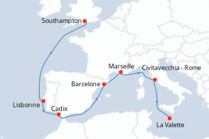 carte itinéraire croisière Méditerranée 10 jours au départ du port de Southampton