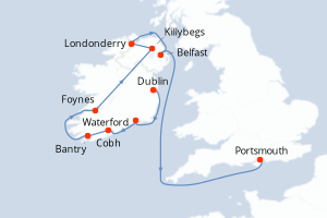 Carte de l'itinéraire de croisière Dublin-Portsmouth d'une durée de 12 jours